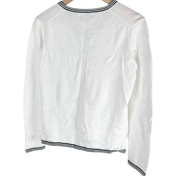 Sutton Studio White Black Cotton Tipped Button Up Cardigan Sweater Size Medium - Picture 2 of 7